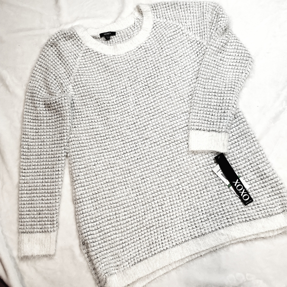 Xoxo fuzzy tunic sweater bright white silver knit